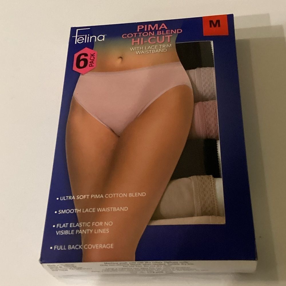 Felina 6 PACK Pima Cotton blend Hi-Cut with Lace Trim Waistband, Medium, NWT